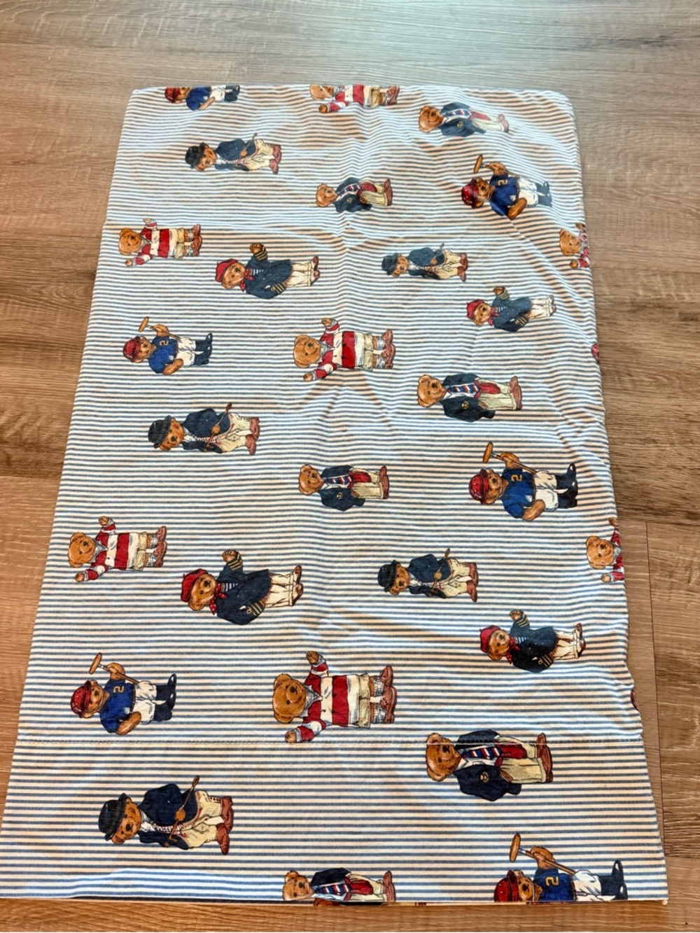 Vintage Ralph Lauren Polo Bear Full Flat Sheet 2 Pillowcases Blue Stripe USA 90s - Picture 2 of 11